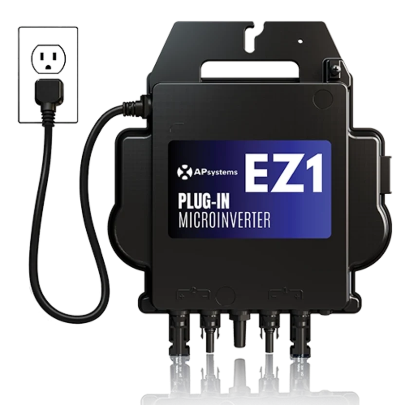 APsystems EZ1 plug-in microinverter, black, with a power cord and wall plug