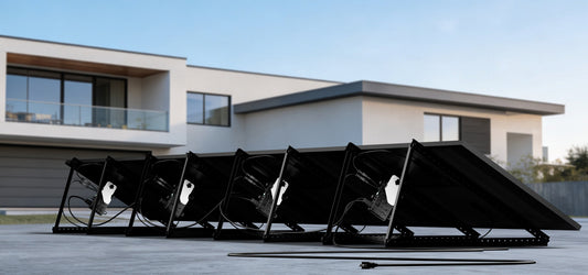 Mango Power 1200W plug-in solar kit with four panels set up in a residential driveway