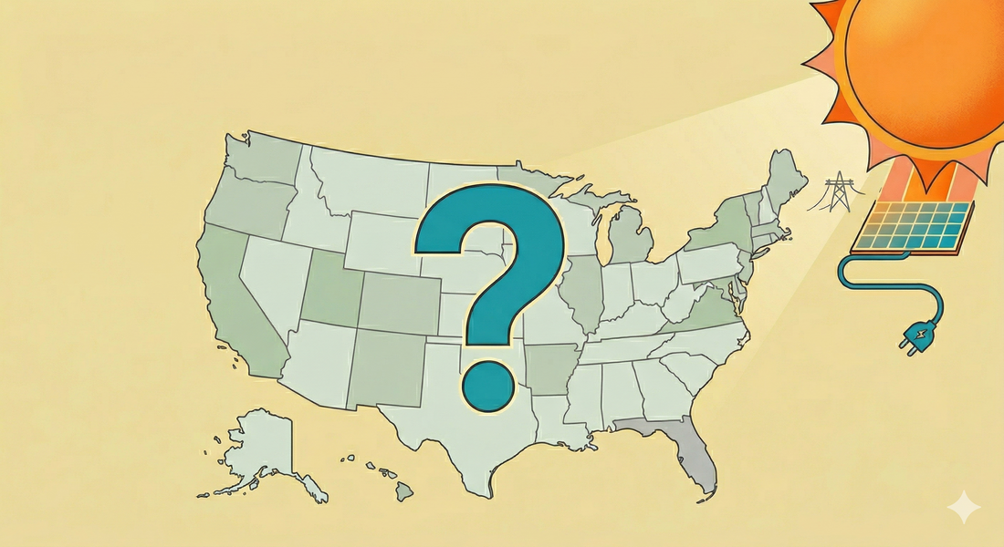Map of United States with state outlines, sun and solar panel