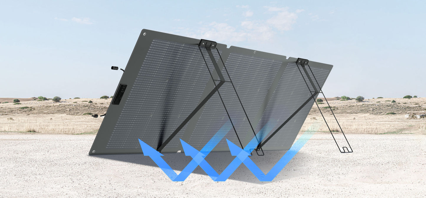 Folding solar panel on a desert landscape with blue arrows indicating solar capture