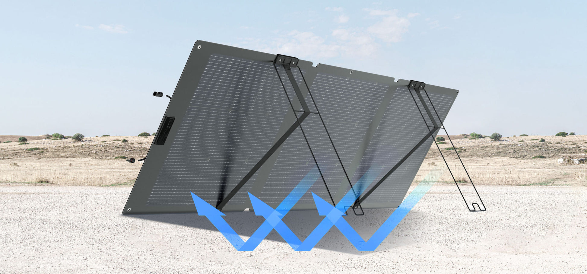 Folding solar panel on a desert landscape with blue arrows indicating solar capture