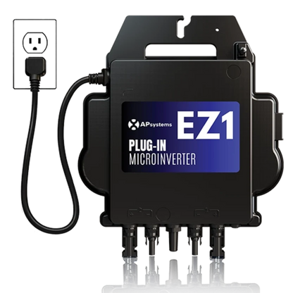 APsystems EZ1 plug-in microinverter, black, with a power cord and wall plug
