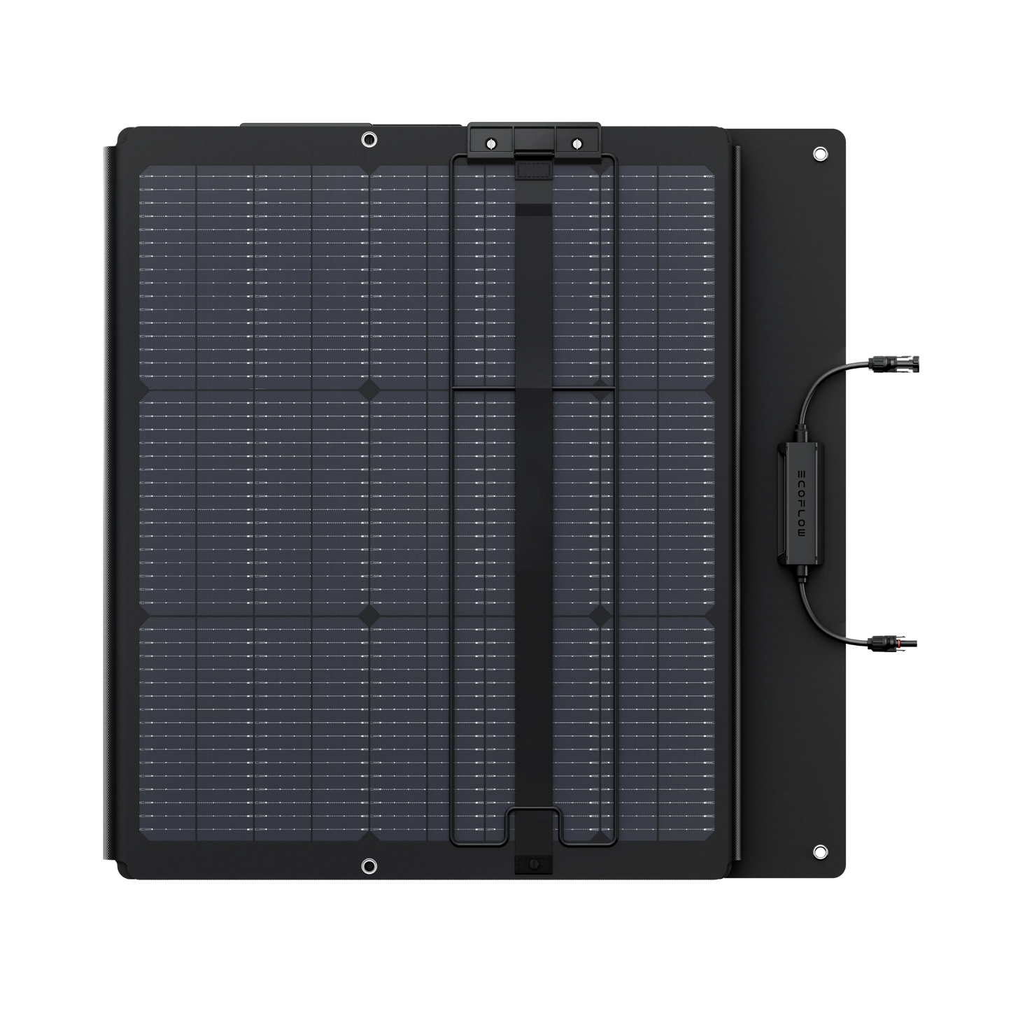 Black solar panel with connectors on a white background