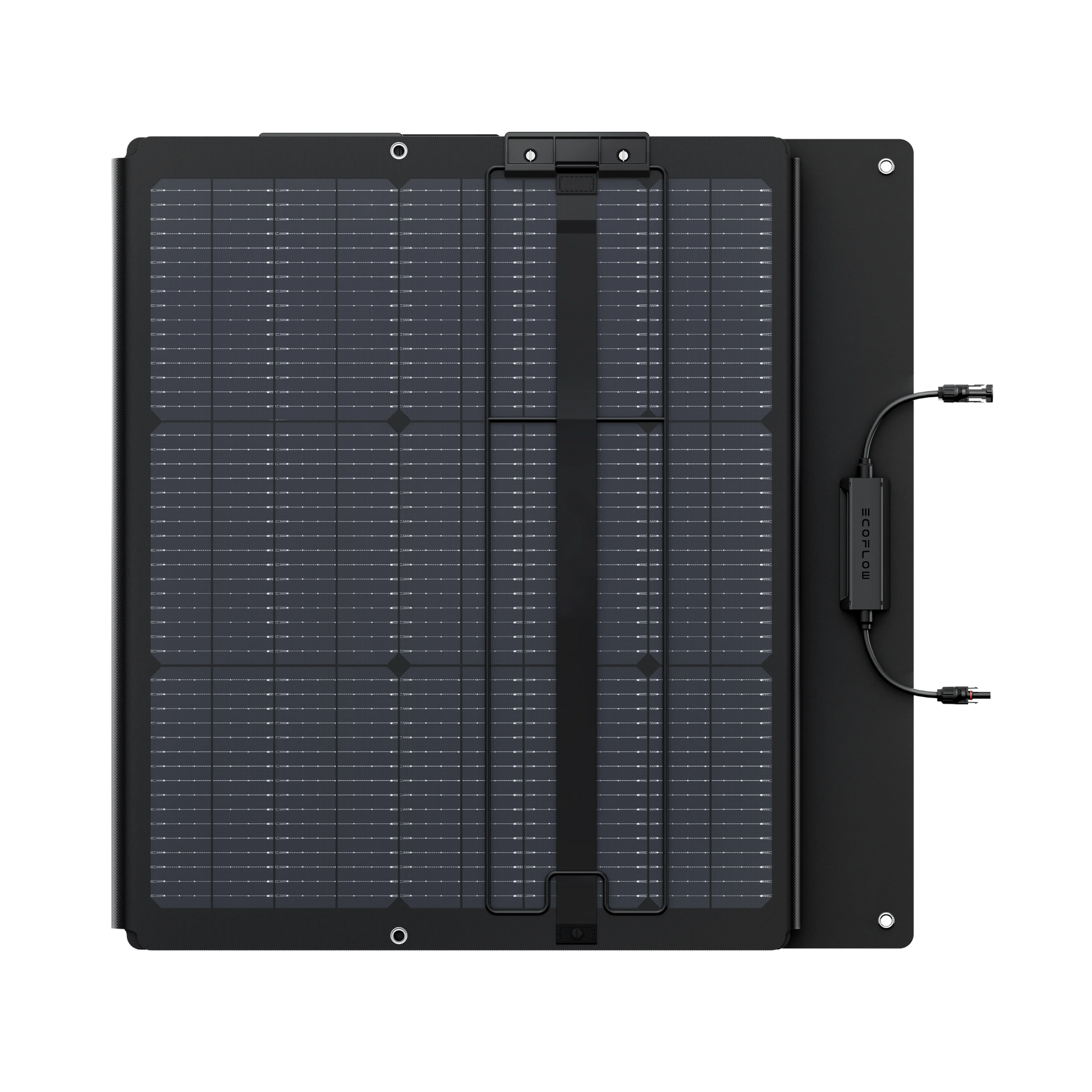 Black solar panel with connectors on a white background