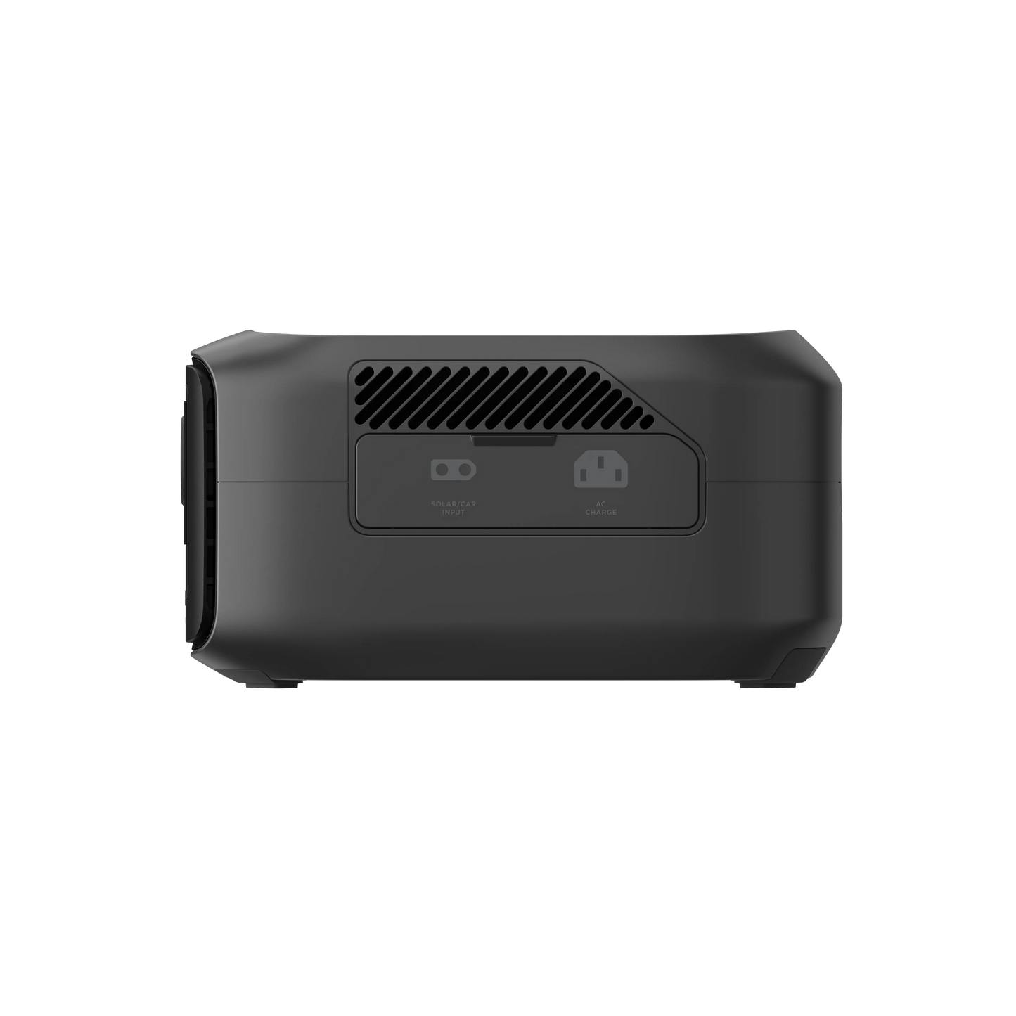 Black portable power device with a fan vent on a white background