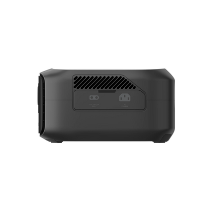 Black portable power device with a fan vent on a white background
