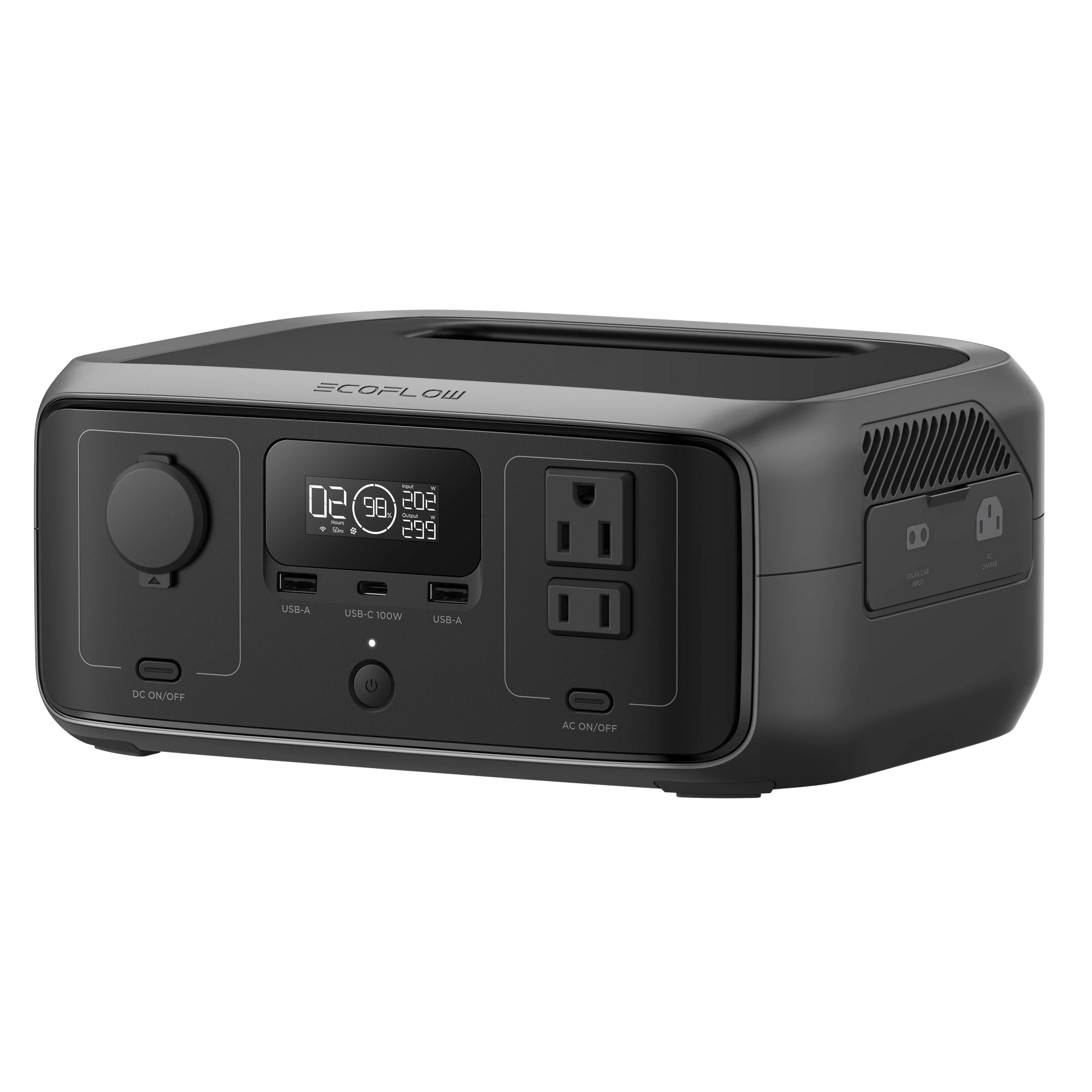 Black power station with digital display and multiple outlets on a white background