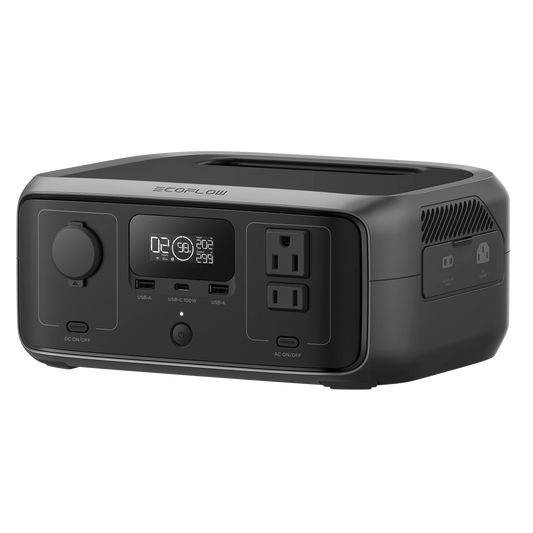 Black power station with digital display and multiple outlets on a white background