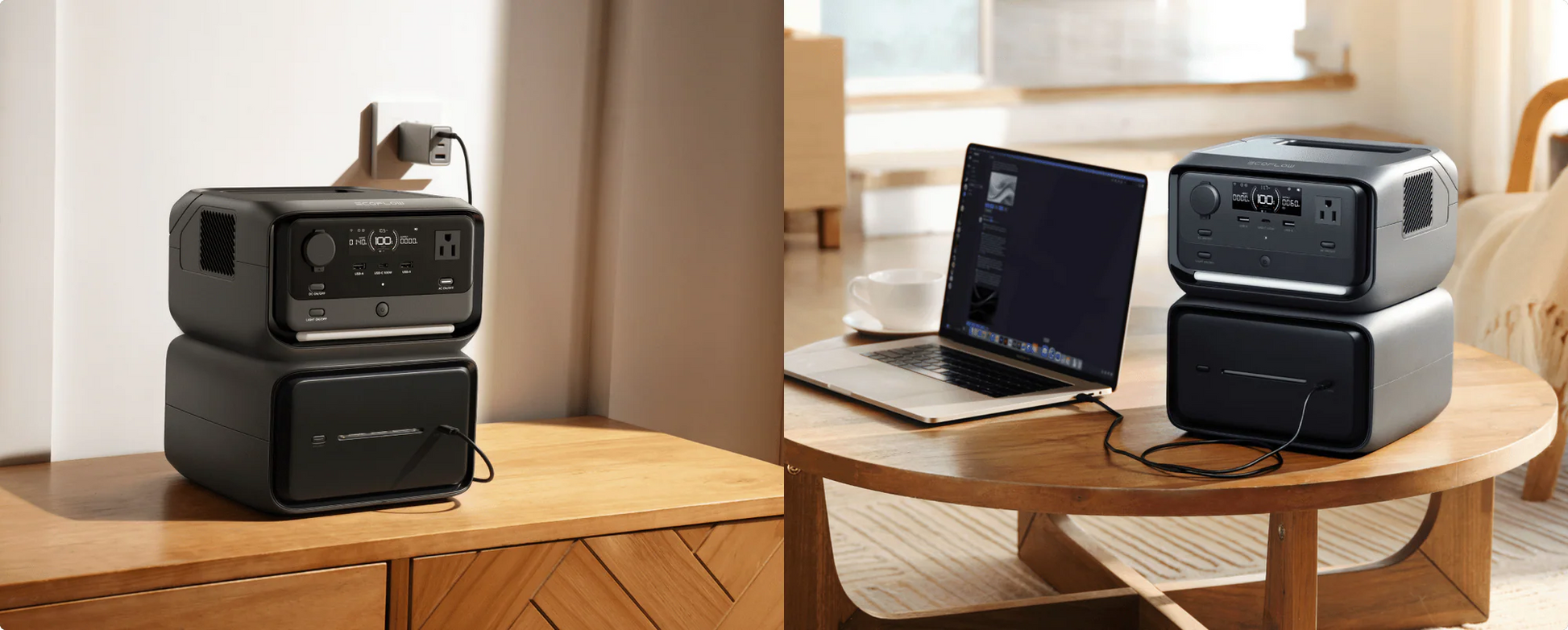 Stackable power station devices on a wooden surface with a laptop in the background.