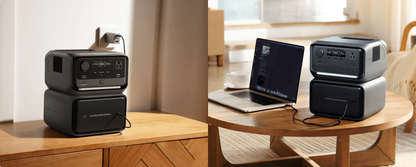 Stackable power station devices on a wooden surface with a laptop in the background.