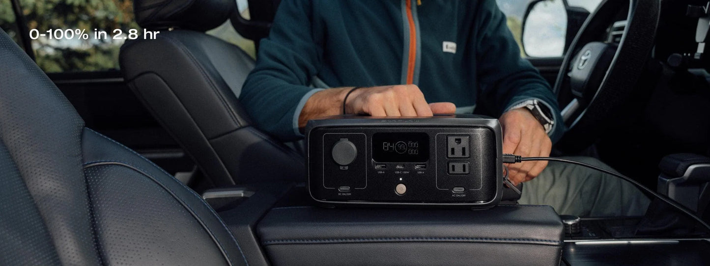 Person using a portable power station inside a vehicle