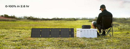 Person sitting in a field with solar panels and a power station, with text indicating charging time.