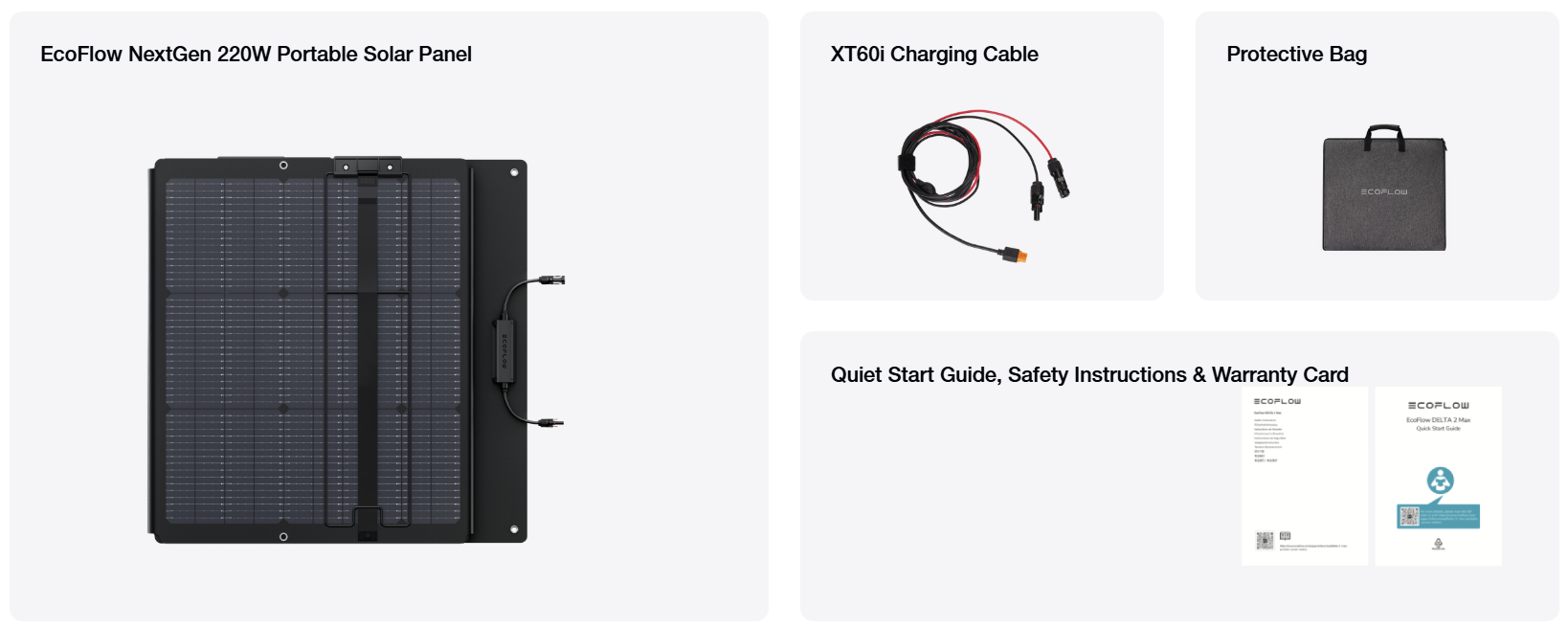 EcoFlow NextGen 220W portable solar panel with XT60 charging cable, protective bag, and documentation on a white background.