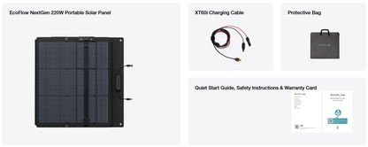 EcoFlow NextGen 220W portable solar panel with XT60 charging cable, protective bag, and documentation on a white background.