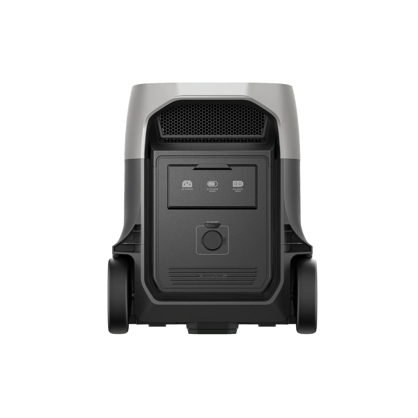 Black and gray portable power station with control panel on a white background