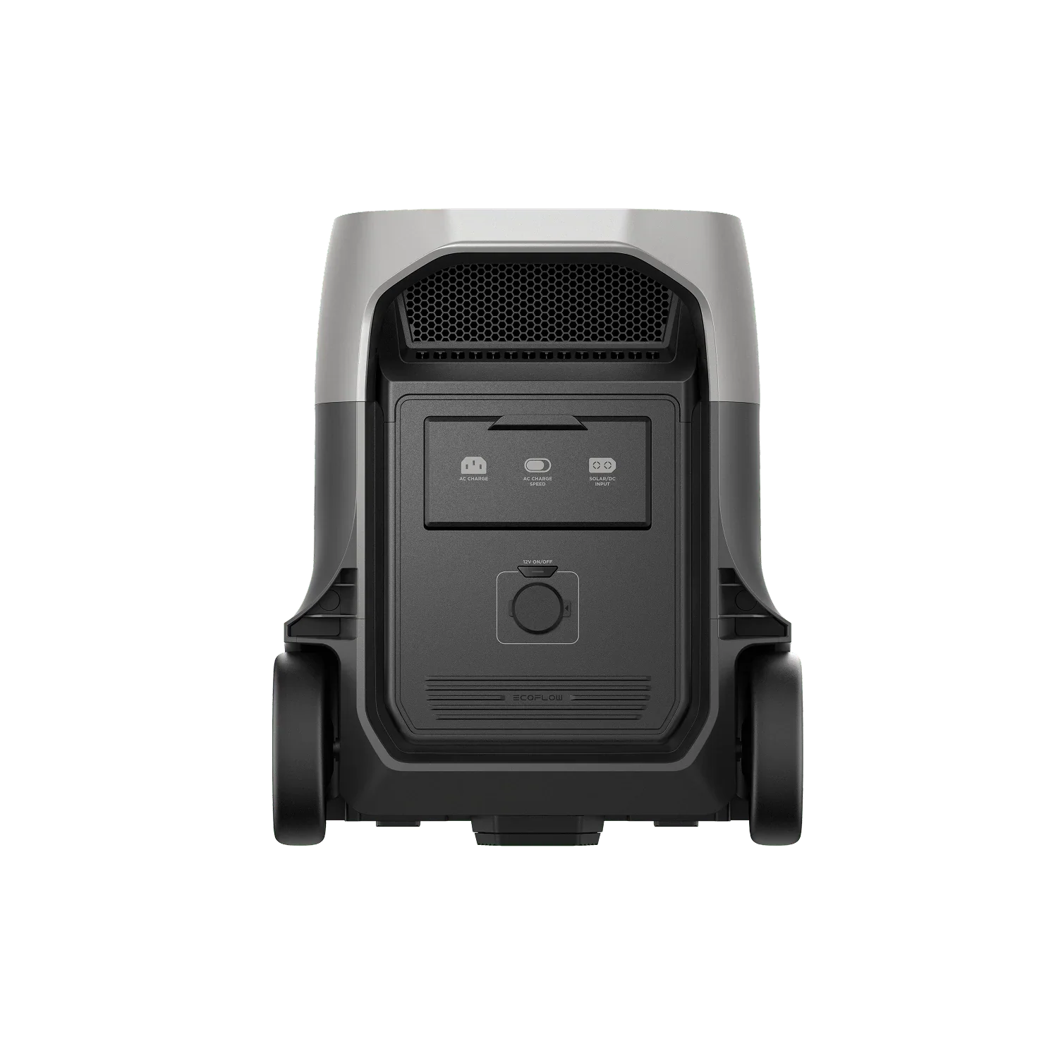 Black and gray portable power station with control panel on a white background