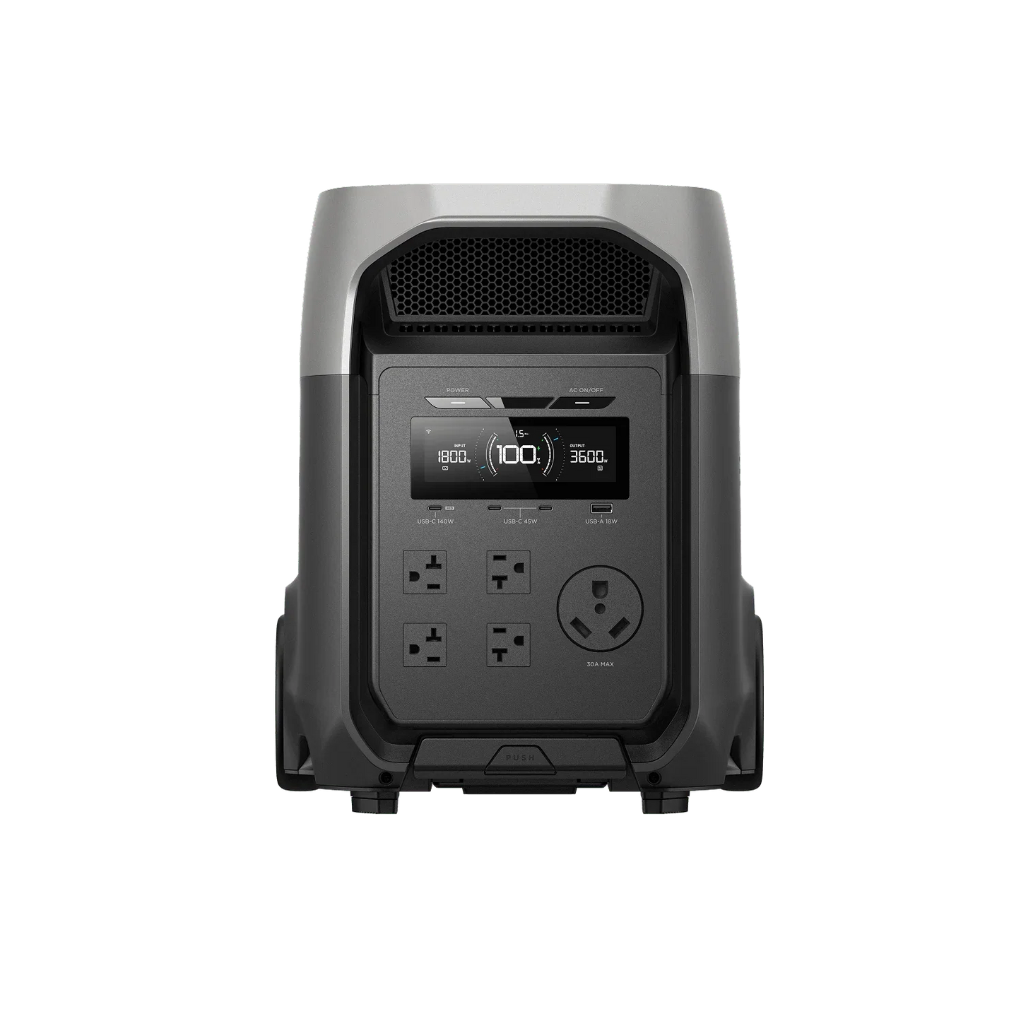 Power station with multiple outlets and a digital display on a white background
