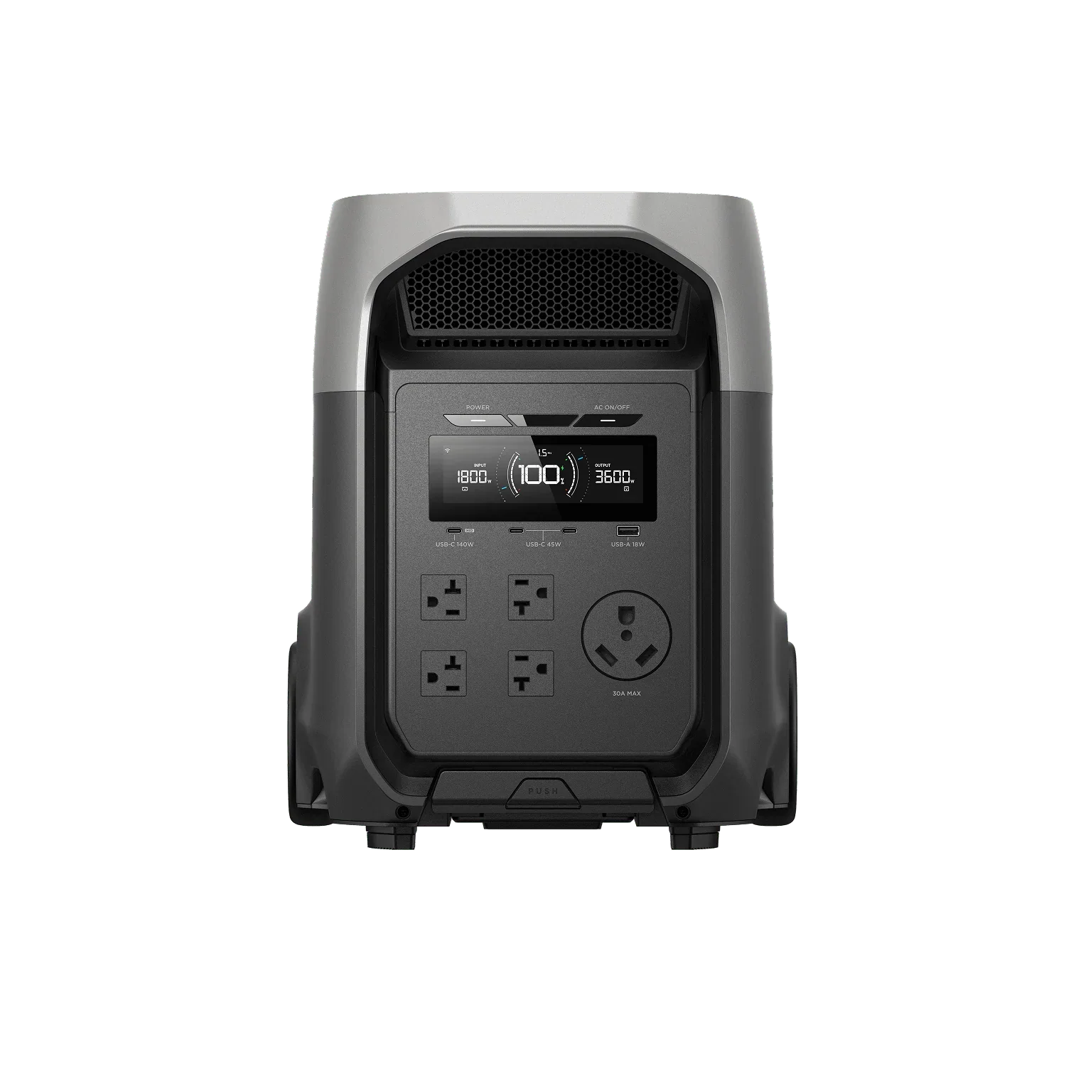Power station with multiple outlets and a digital display on a white background