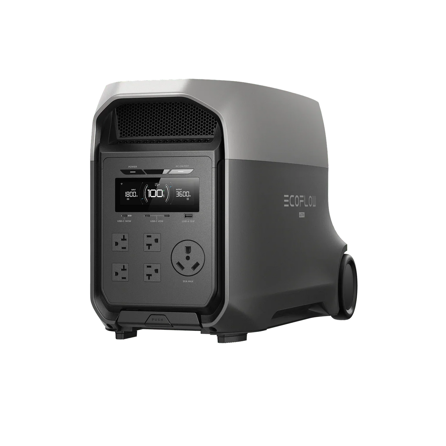 Black power station with digital display and EcoFlow branding on a white background