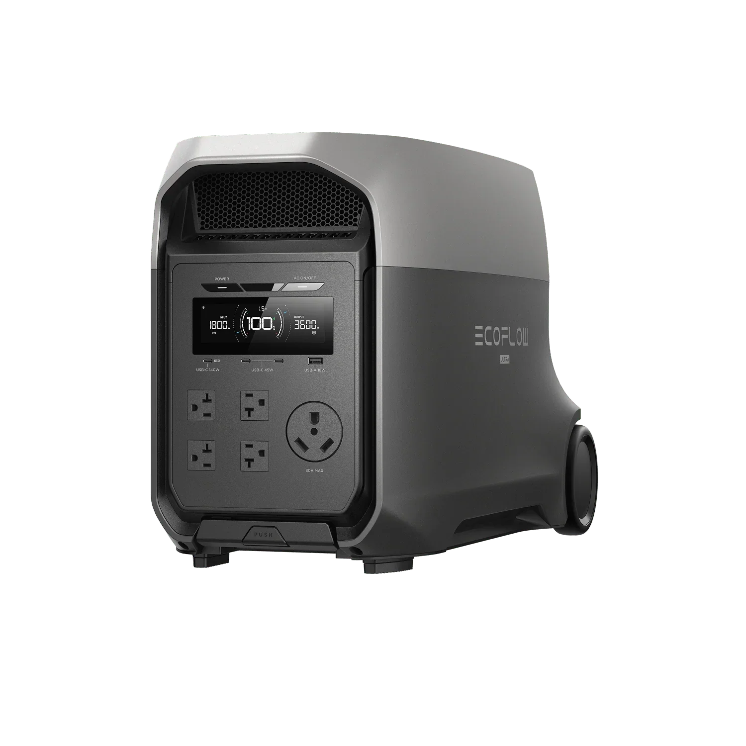Black power station with digital display and EcoFlow branding on a white background