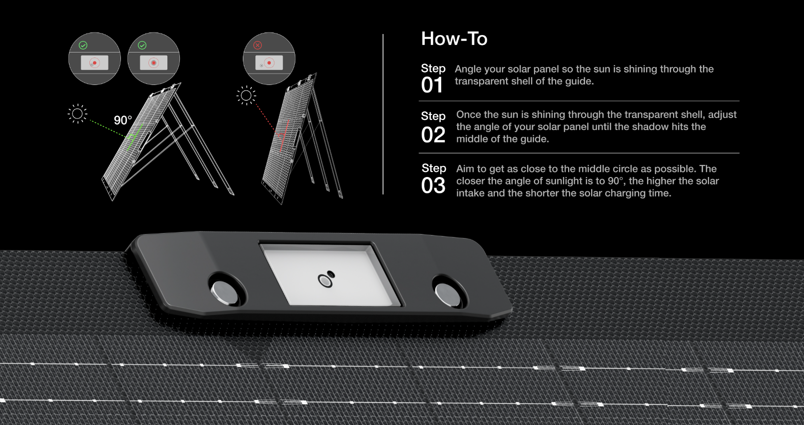 Solar panel with instructions on how to angle it towards the sun