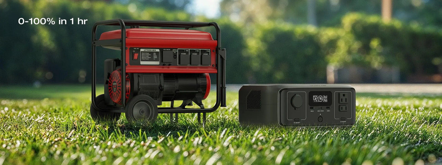 Red generator and black portable power station on grass with text '0-100% in 1 hr' in the background.