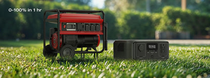 Red generator and black portable power station on grass with text '0-100% in 1 hr' in the background.