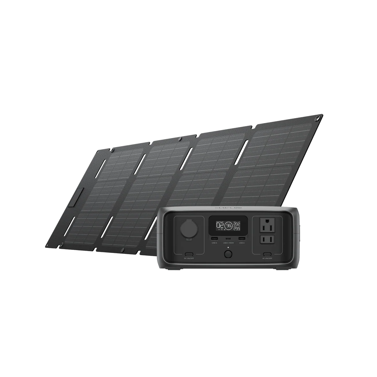 Solar panel system with power station on a white background