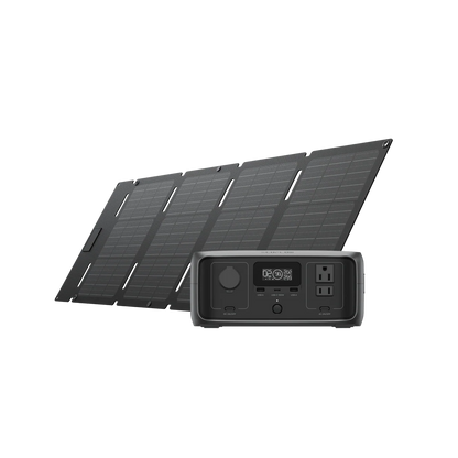 Solar panel system with power station on a white background